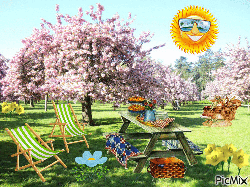 Wiosenny piknik ze słońcem uśmiechniętym